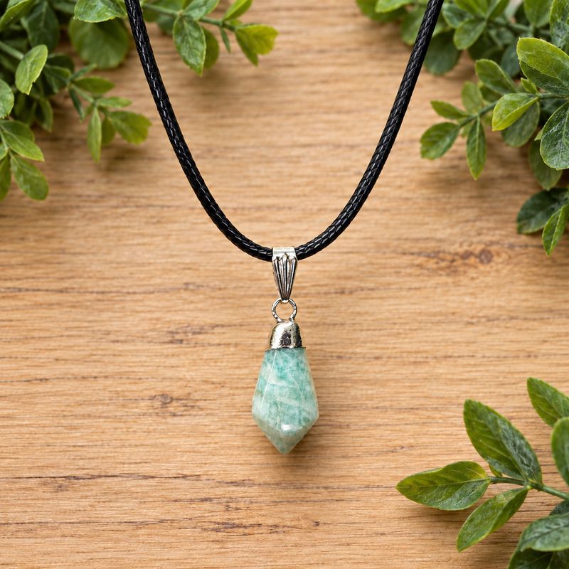Amazonite faceted point pendant necklace on a black braided cord over light wood with green leaves.