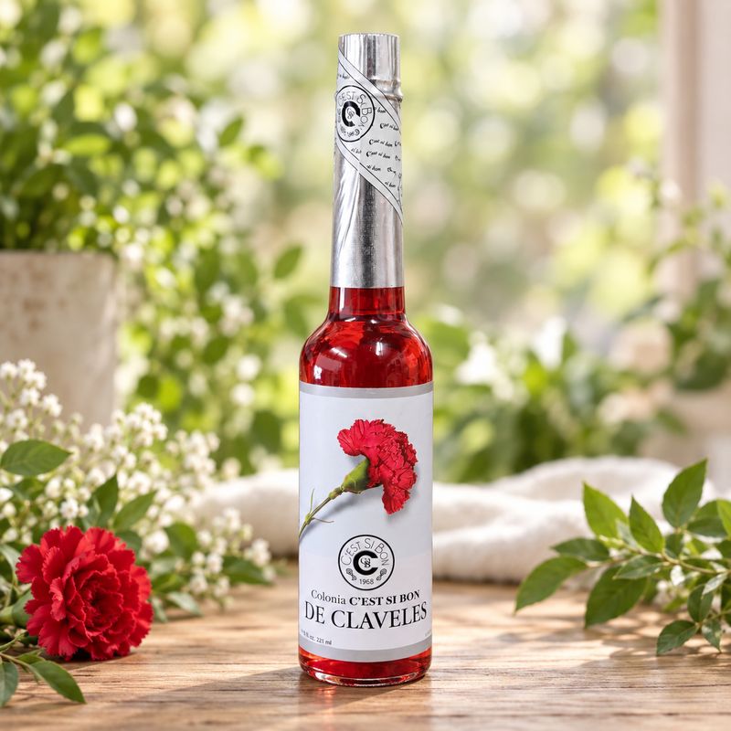 Carnation Water Cologne bottle on a light wooden table with greenery and red carnations.