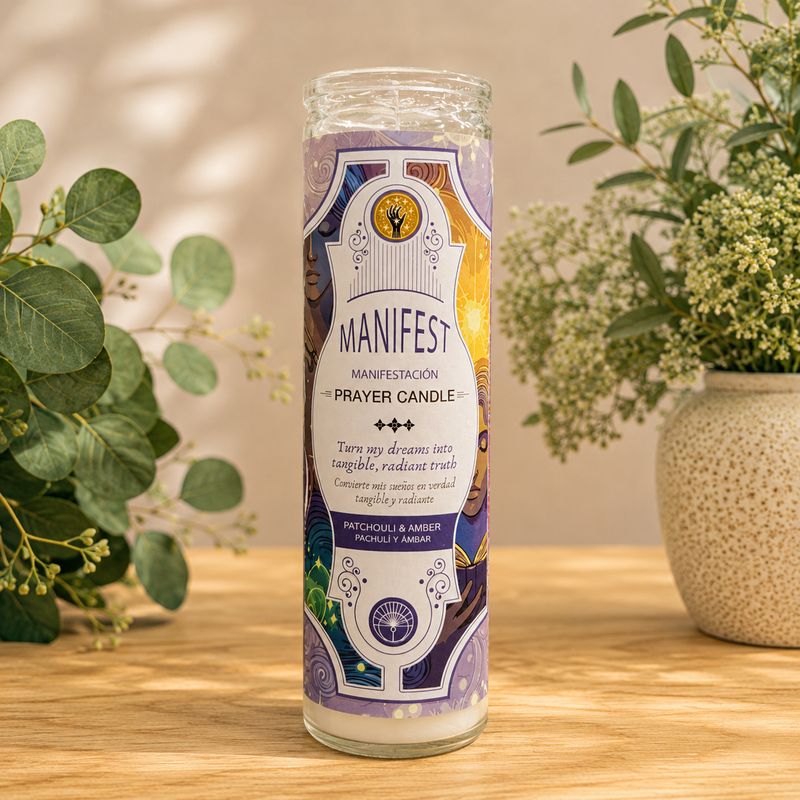 Manifest glass jar prayer candle with patchouli and amber fragrance on wooden altar table at Arkadys Metaphysical Gifts