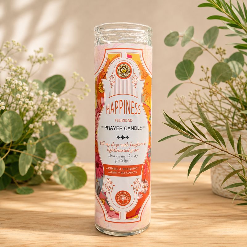 Happiness glass jar prayer candle with jasmine and bergamot fragrance on wooden altar table at Arkadys Metaphysical Gifts