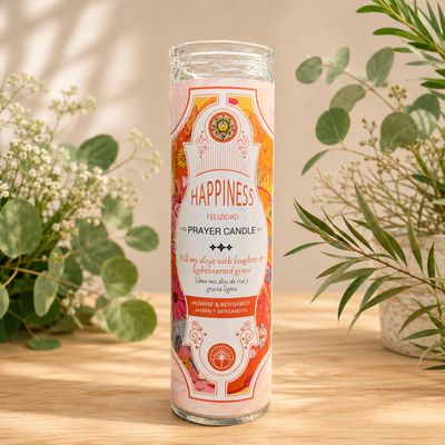 Happiness glass jar prayer candle with jasmine and bergamot fragrance on wooden altar table at Arkadys Metaphysical Gifts