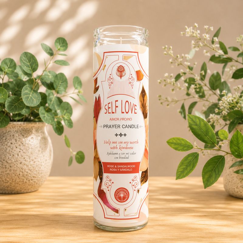 Jinx Removing glass jar prayer candle with sage and palo santo fragrance on wooden altar table at Arkadys Metaphysical Gifts