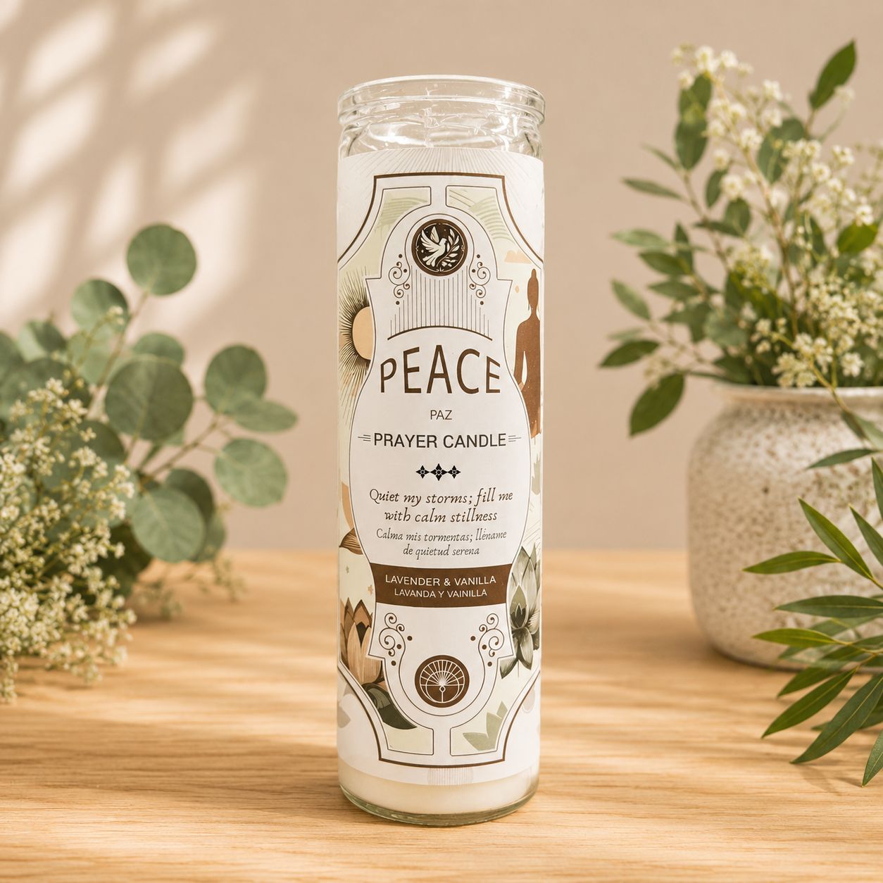 Peace glass jar prayer candle with lavender and vanilla fragrance on wooden altar table at Arkadys Metaphysical Gifts