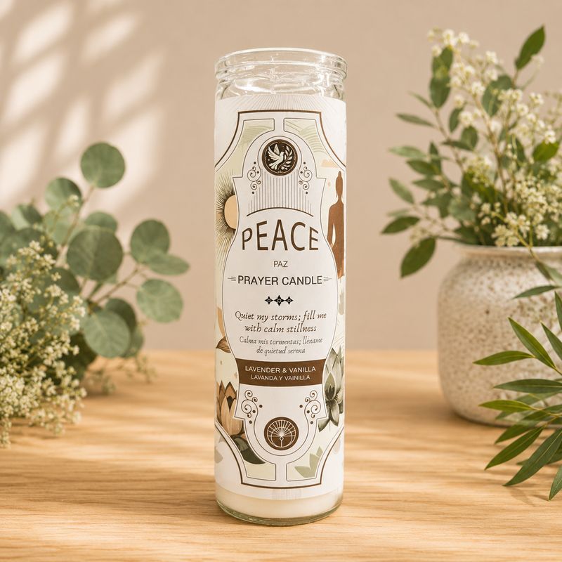 Peace glass jar prayer candle with lavender and vanilla fragrance on wooden altar table at Arkadys Metaphysical Gifts