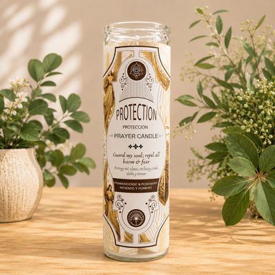 Jinx Removing glass jar prayer candle with sage and palo santo fragrance on wooden altar table at Arkadys Metaphysical Gifts