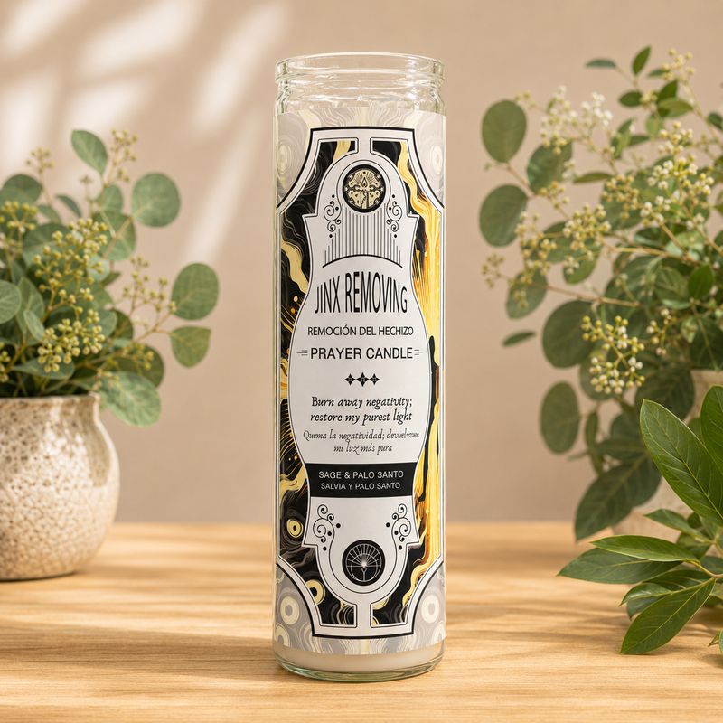 Jinx Removing glass jar prayer candle with sage and palo santo fragrance on wooden altar table at Arkadys Metaphysical Gifts