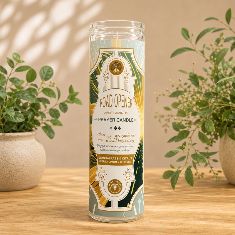Jinx Removing glass jar prayer candle with sage and palo santo fragrance on wooden altar table at Arkadys Metaphysical Gifts
