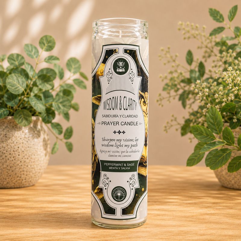 Jinx Removing glass jar prayer candle with sage and palo santo fragrance on wooden altar table at Arkadys Metaphysical Gifts