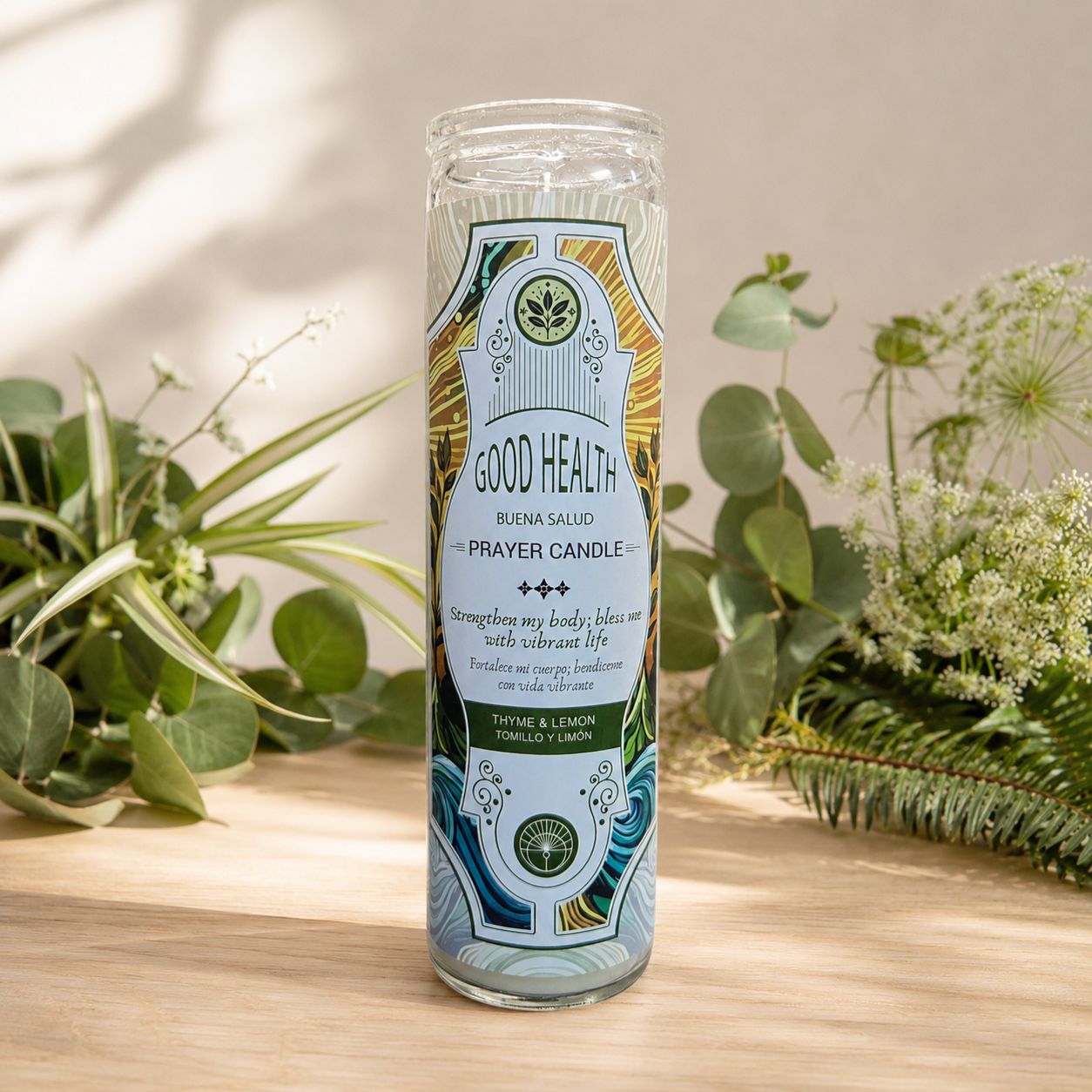 Good Health glass jar prayer candle with thyme and lemon fragrance on wooden altar table at Arkadys Metaphysical Gifts