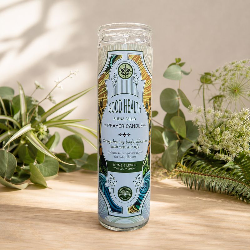 Good Health glass jar prayer candle with thyme and lemon fragrance on wooden altar table at Arkadys Metaphysical Gifts