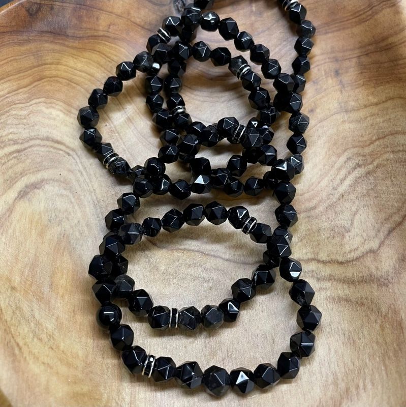 black obsidian faceted 8mm gemstone stretch bracelet