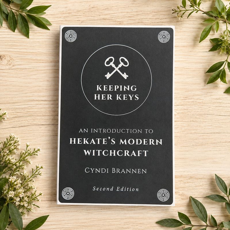 Keeping Her Keys by Cyndi Brannen displayed on a light wooden table with greenery.