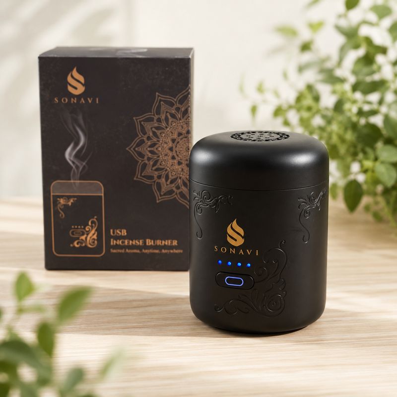 Sonavi USB rechargeable electric bakhoor burner with black and gold retail box on a light wooden table.