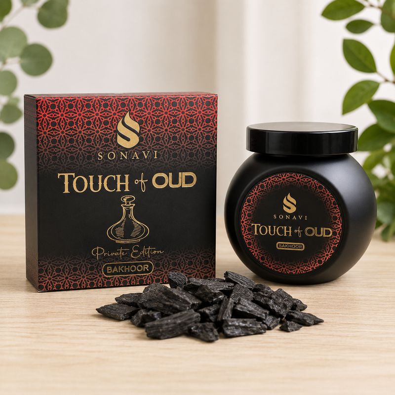 Displayed Sonavi Touch of Oud Bakhoor incense chips 40g jar with decorative black, red and gold box.
