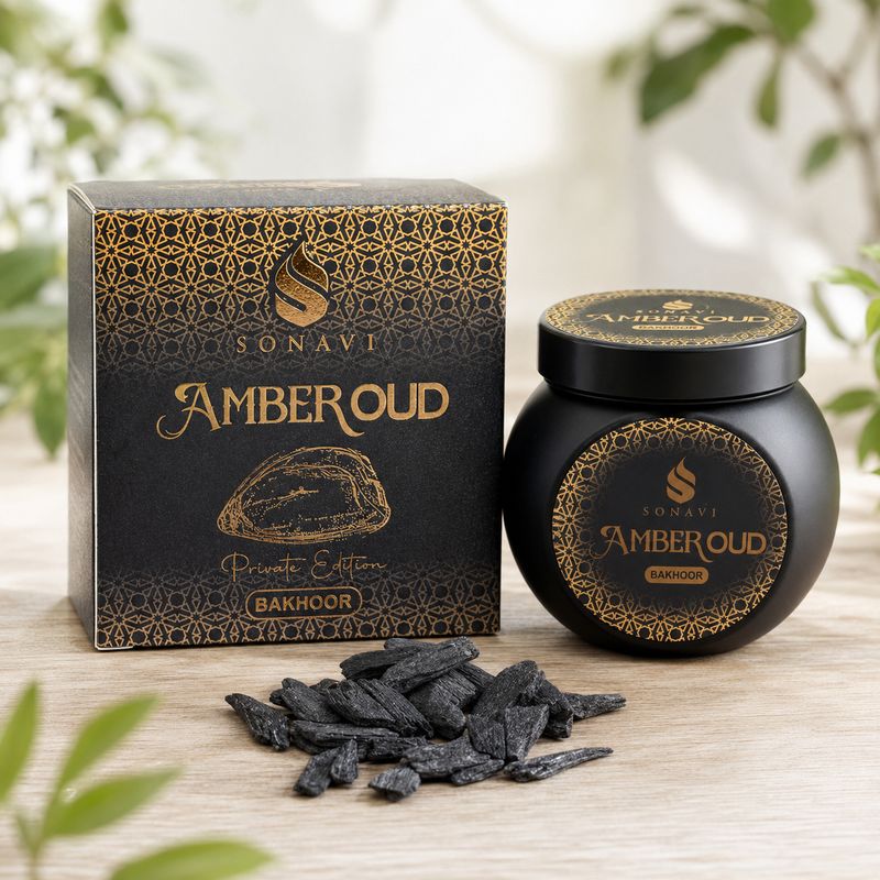 Sonavi Amber Oud Bakhoor 40g jar with dark incense chips displayed beside the box.