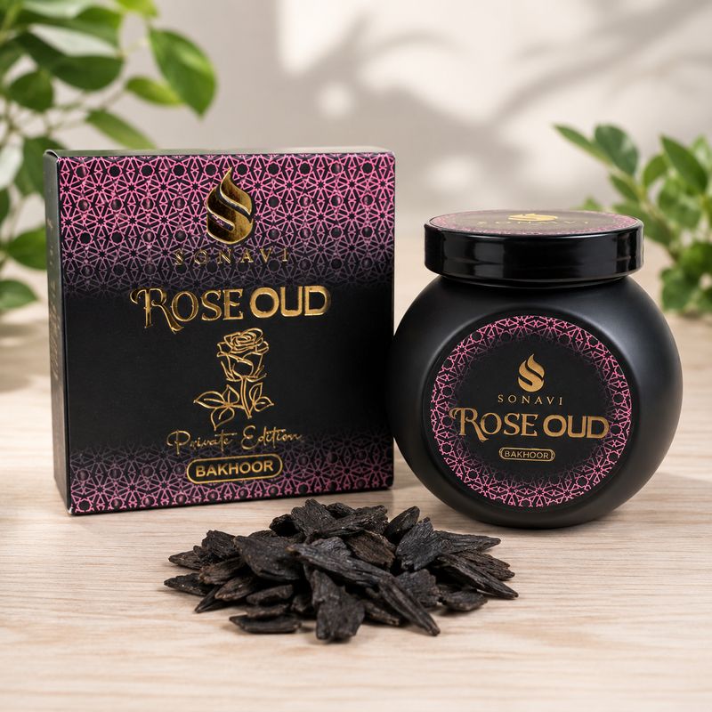 Sonavi Rose Oud Bakhoor 40g jar with loose dark incense chips displayed beside the matching box.