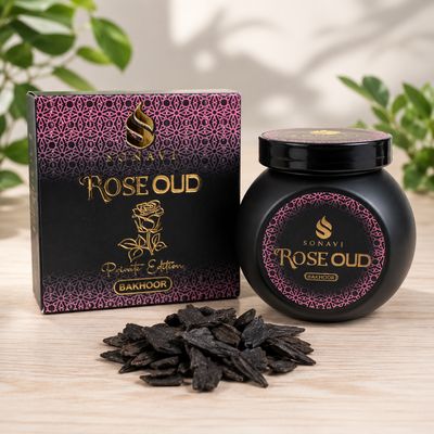 Sonavi Rose Oud Bakhoor 40g jar with loose dark incense chips displayed beside the matching box.