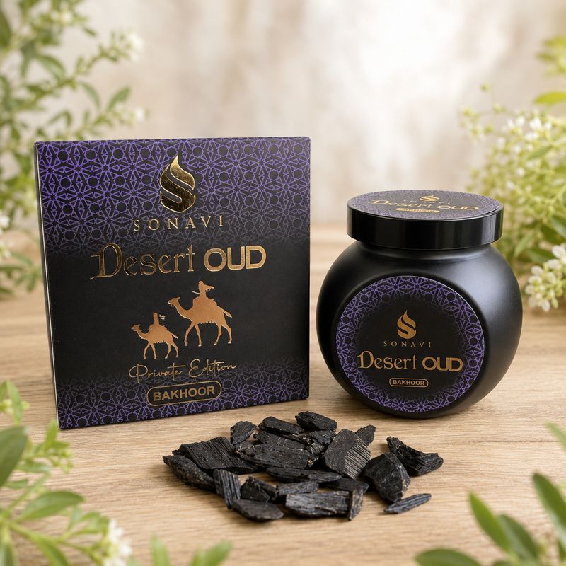Sonavi Desert Oud Bakhoor 40g jar with dark incense chips displayed beside the box.