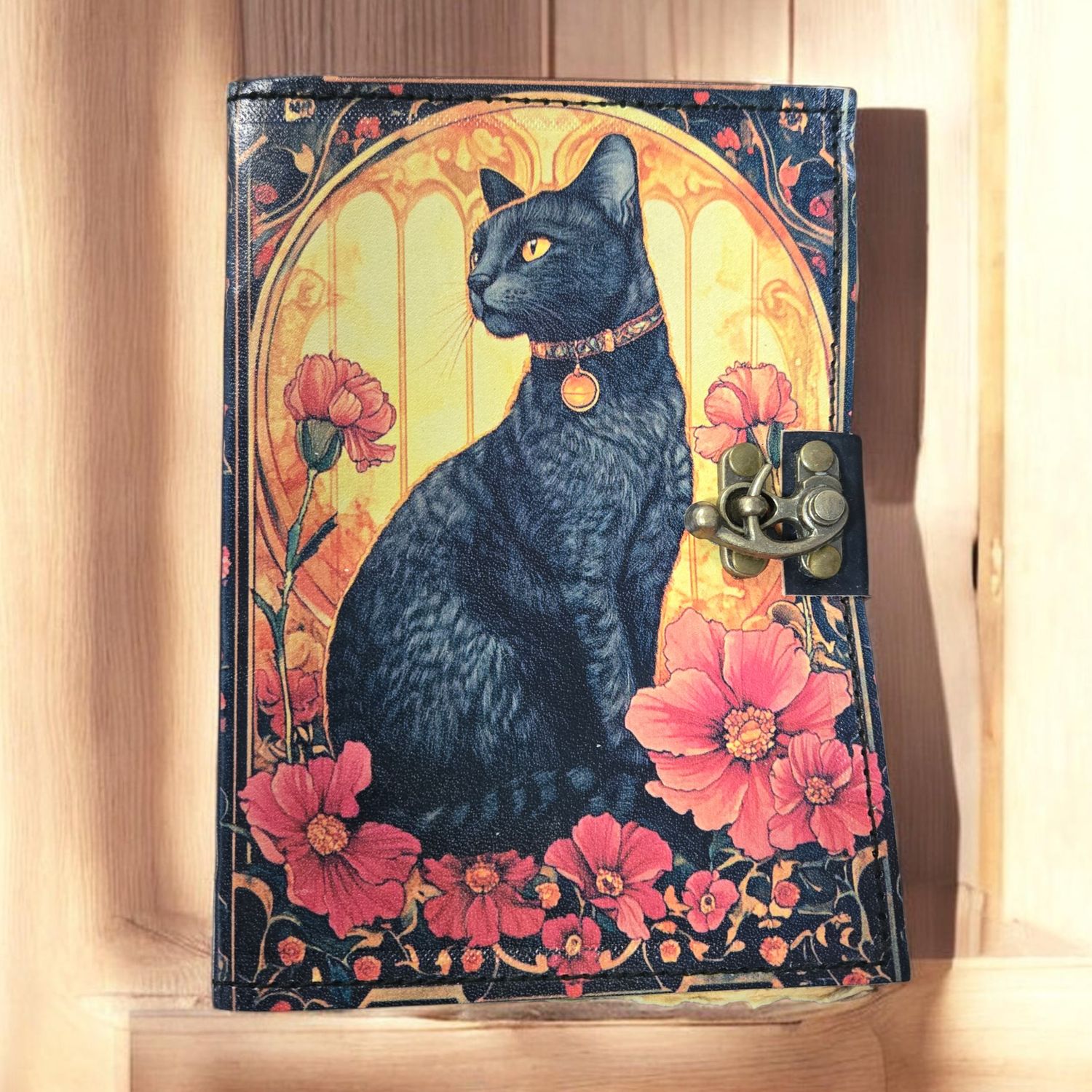 VINTAGE BLACK CAT LEATHER JOURNAL W/LATCH Vintage black cat leather journal with latch at Arkadys Metaphysical Gifts metaphysical shop in Amarillo Texas