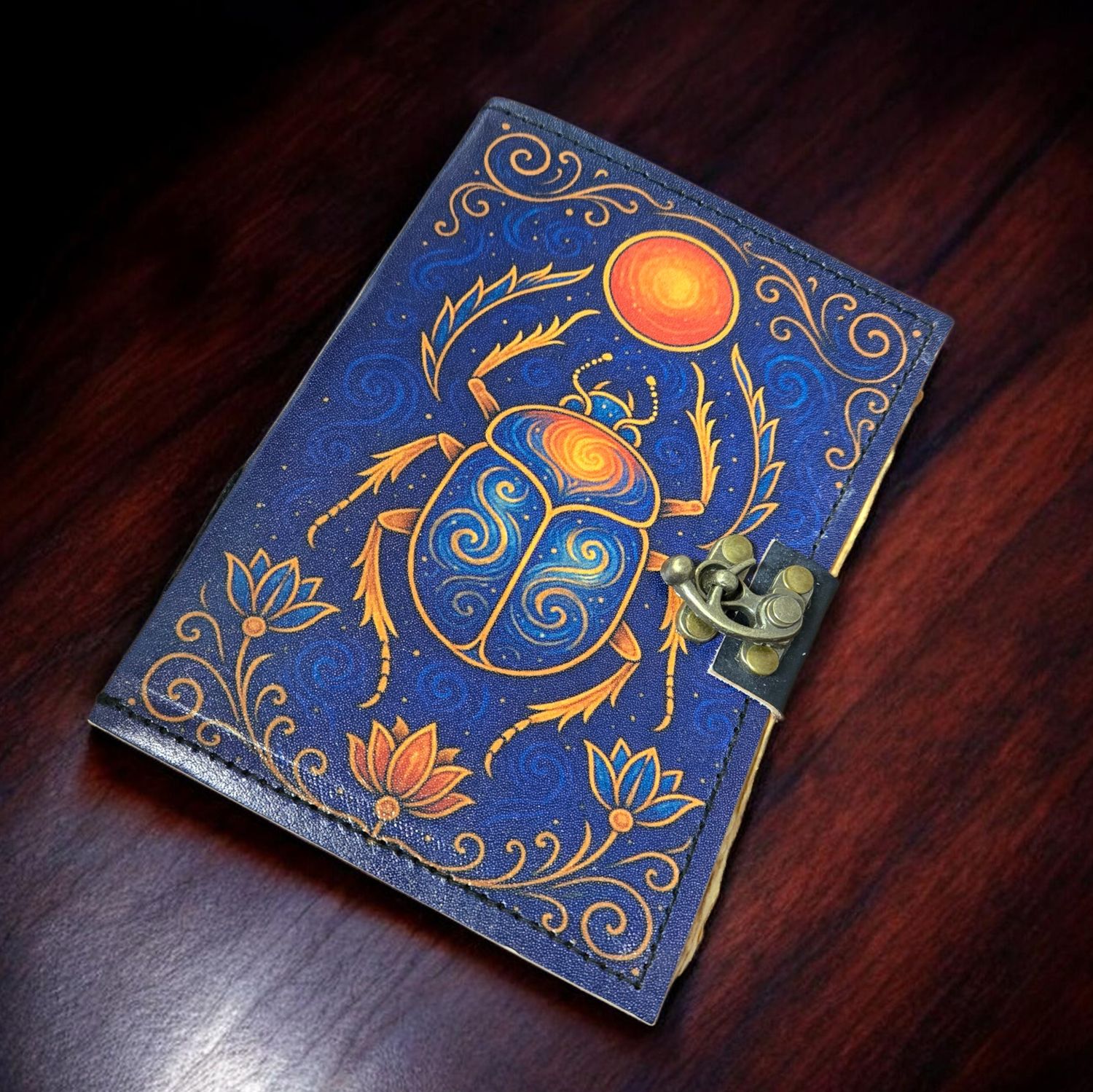 Egyptian scarab leather journal with latch and blank pages at Arkady’s Metaphysical Gifts crystal shop in Amarillo Texas