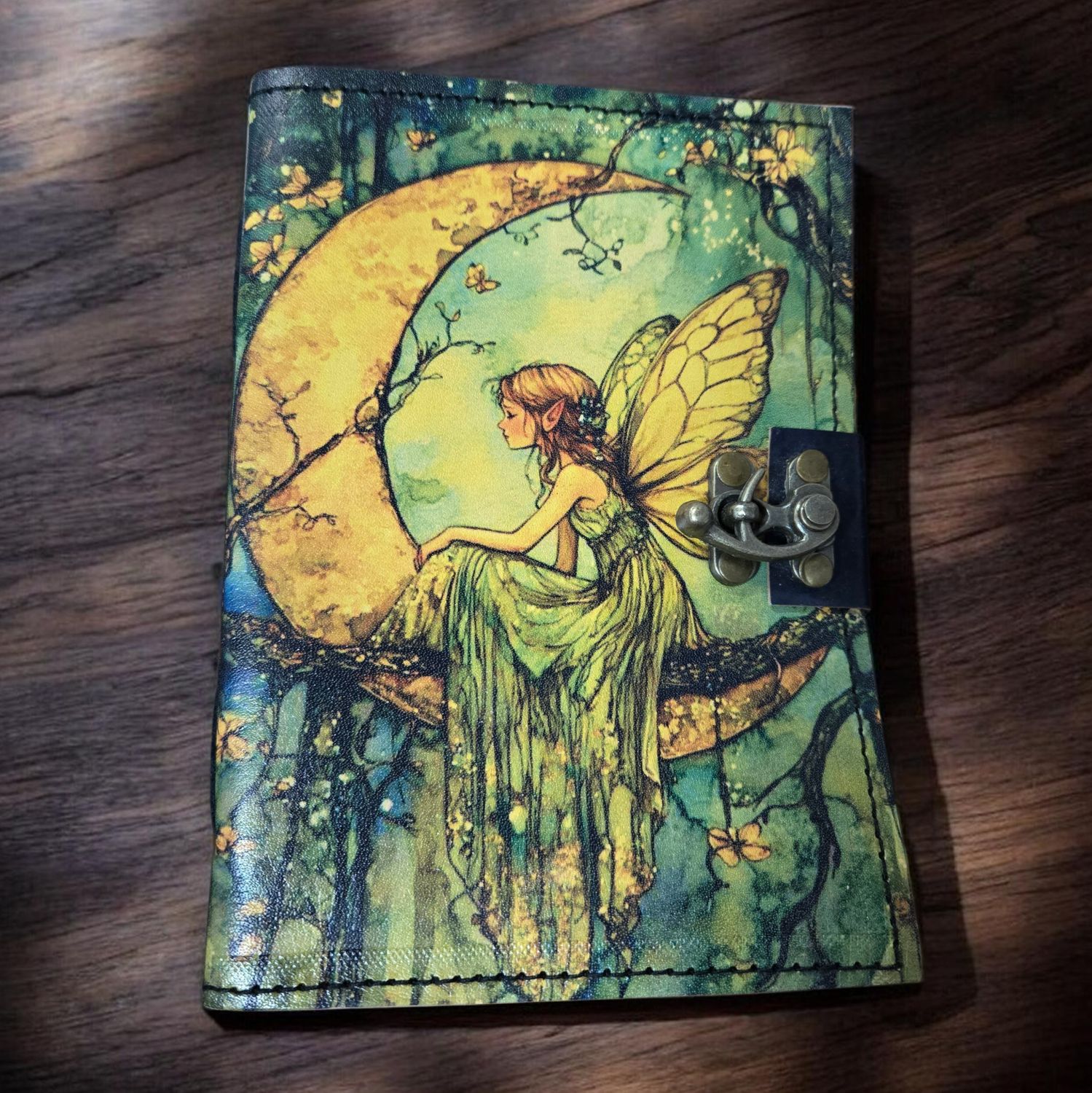 Fairy moon leather journal with latch at Arkadys Metaphysical Gifts metaphysical shop in Amarillo Texas