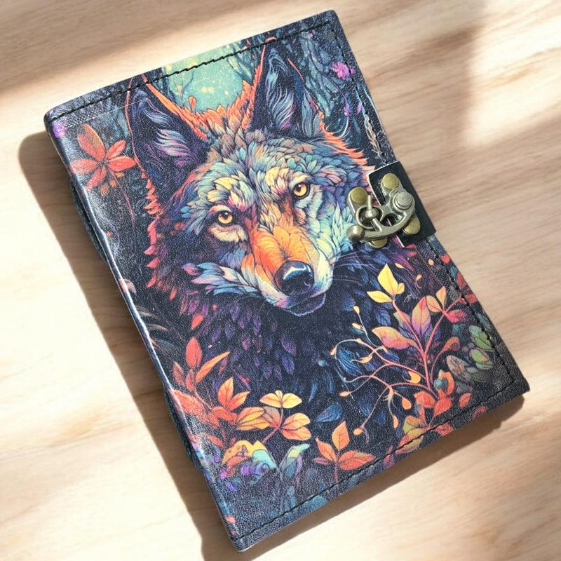 Forest wolf leather journal with latch and wolf artwork at Arkadys Metaphysical Gifts metaphysical shop in Amarillo Texas