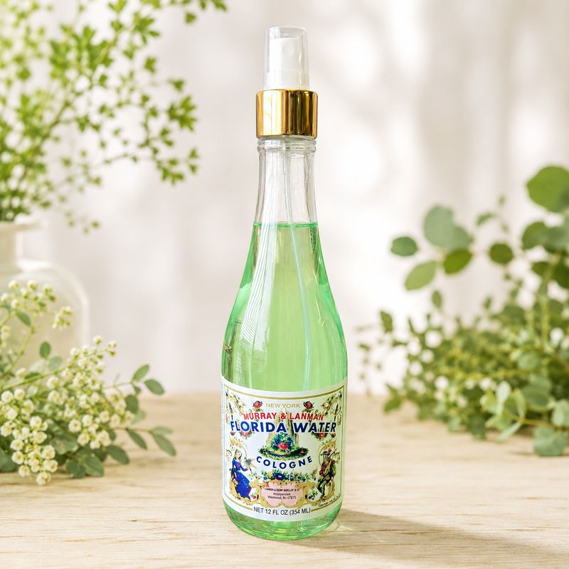 Special Edition Florida Water Cologne 12 oz spray bottle on a light wooden table with greenery.