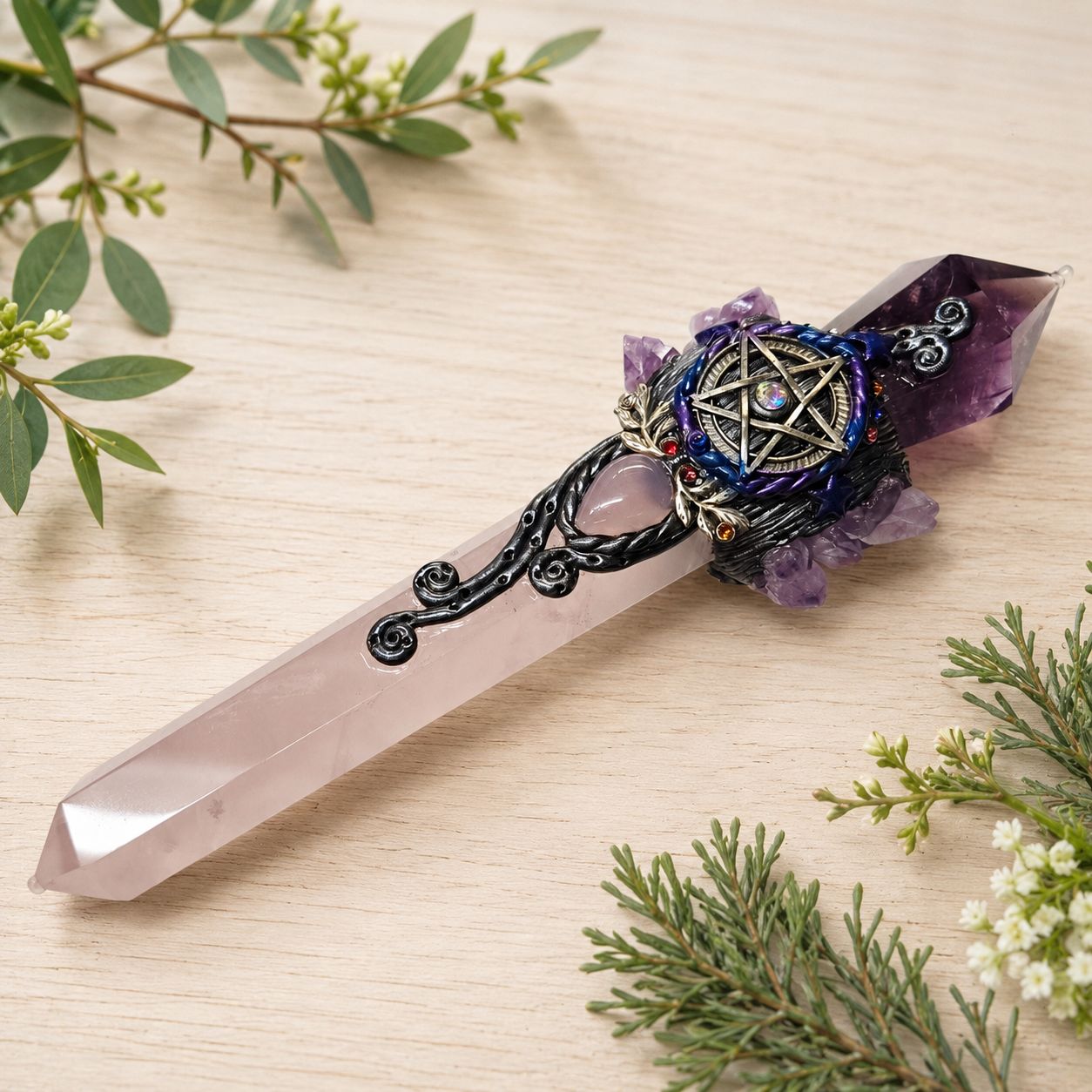 Front view of Amethyst and Rose Quartz Exquisite Point Athame with pentacle design and purple crystal accents.