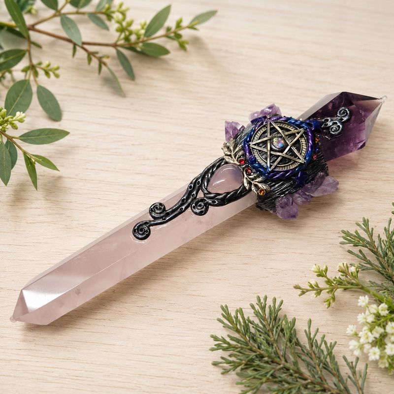 Front view of Amethyst and Rose Quartz Exquisite Point Athame with pentacle design and purple crystal accents.