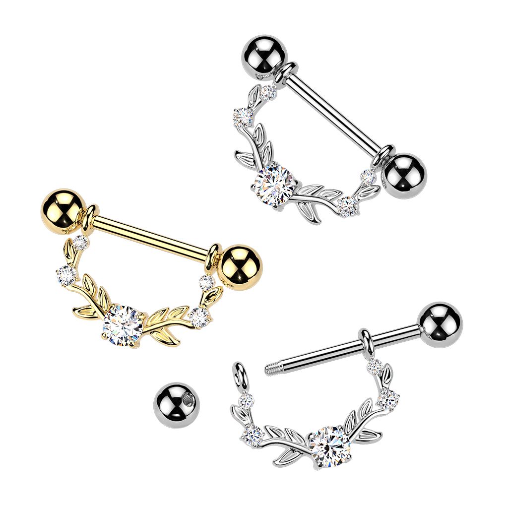 CZ vine half shield nipple rings 14G surgical steel and gold pair – Arkady’s Metaphysical Gifts Amarillo