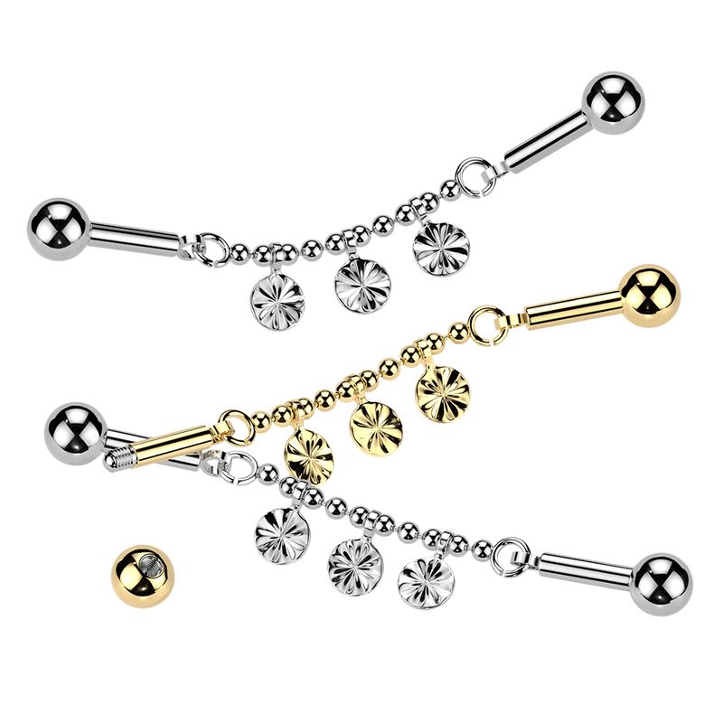 Disco discs chain industrial barbell 14G surgical steel with dangling discs – Arkady’s Metaphysical Gifts Amarillo