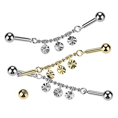 Disco discs chain industrial barbell 14G surgical steel with dangling discs – Arkady’s Metaphysical Gifts Amarillo