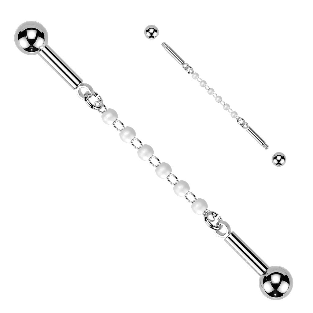 Pearls chain industrial barbell 14G surgical steel with pearl bead accents – Arkady’s Metaphysical Gifts Amarillo