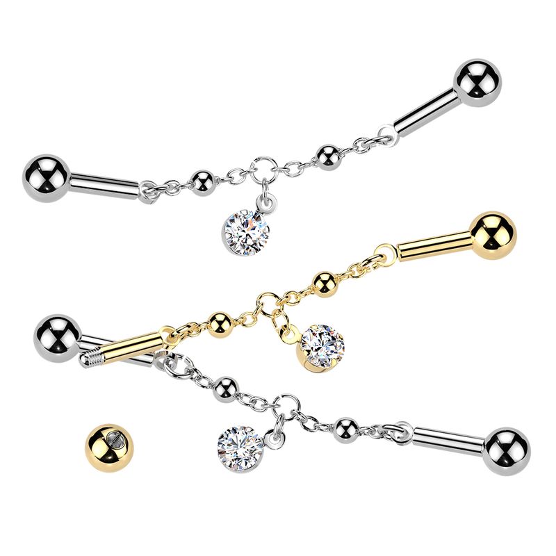 CZ dangle chain industrial barbell 14G surgical steel with cubic zirconia charm – Arkady’s Metaphysical Gifts Amarillo