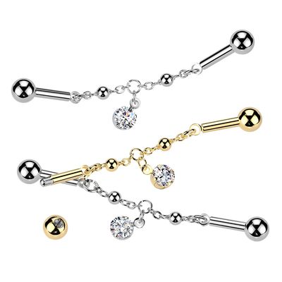 CZ dangle chain industrial barbell 14G surgical steel with cubic zirconia charm – Arkady’s Metaphysical Gifts Amarillo