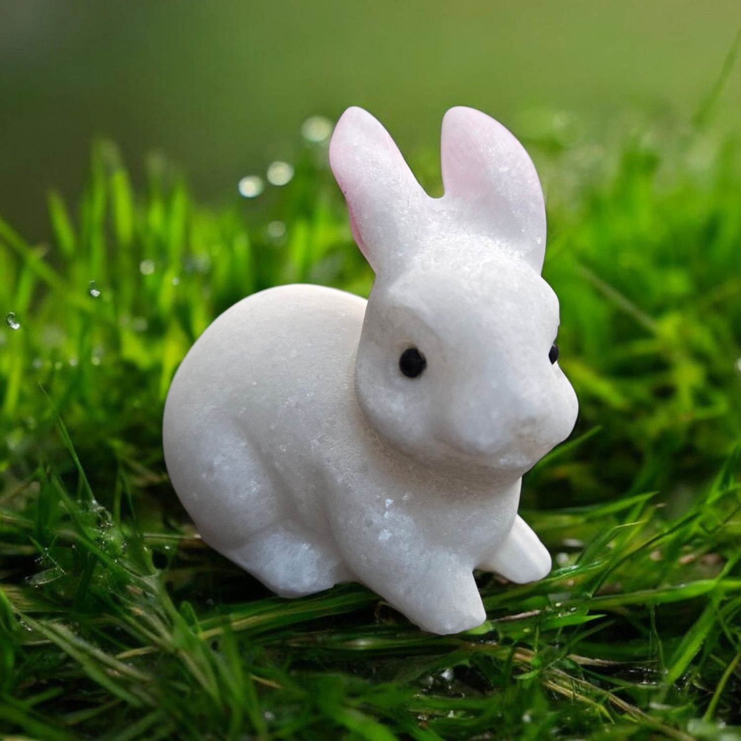 Small Snow Quartz Bunny crystal carving with black eyes – Arkadys Metaphysical Gifts Amarillo TX