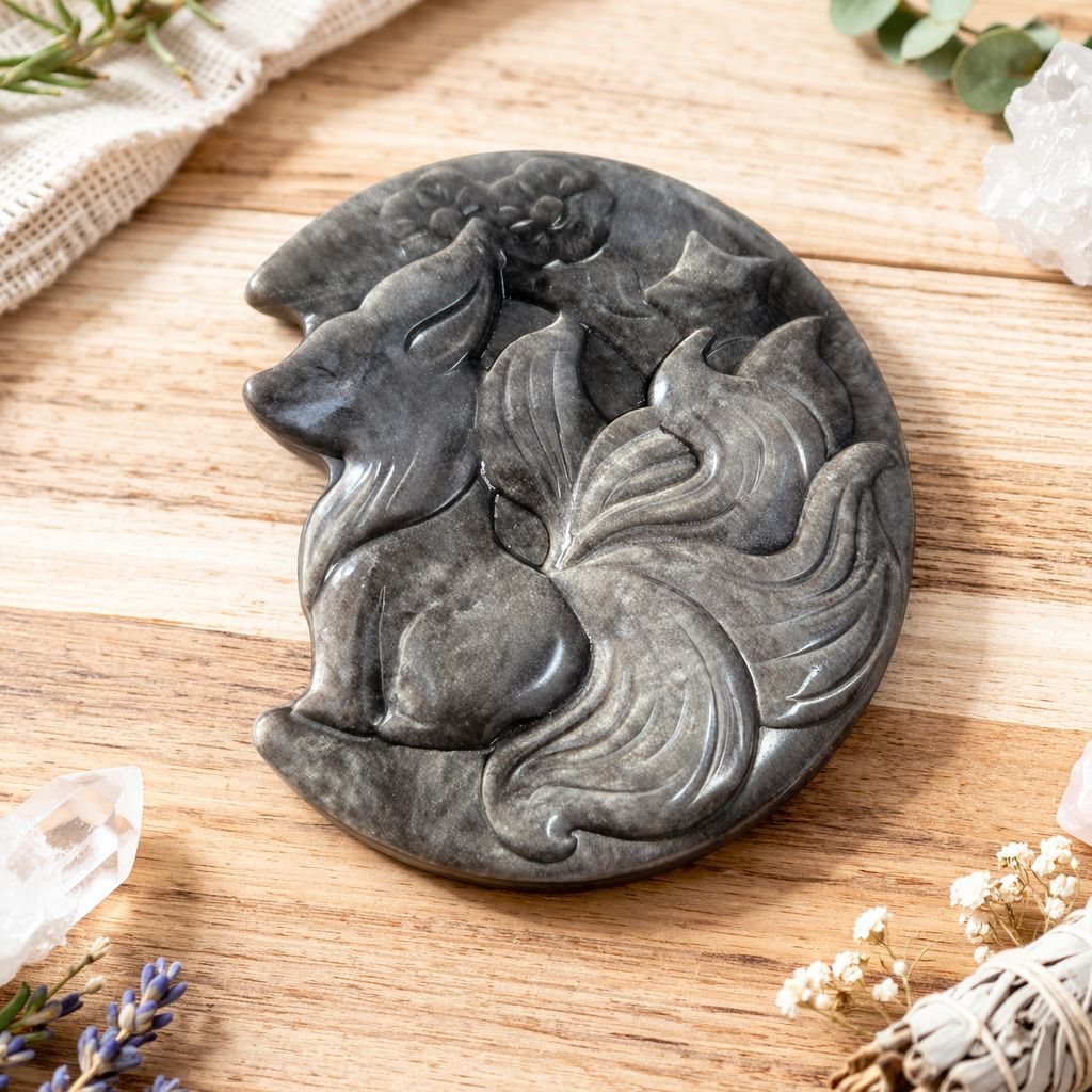 Silver Sheen Obsidian fox carving with stand crystal display Arkadys Metaphysical Gifts Amarillo TX