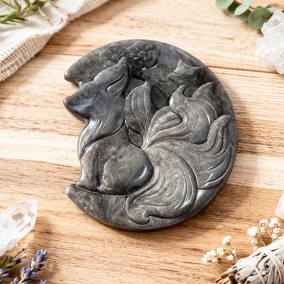 Silver Sheen Obsidian fox carving with stand crystal display Arkadys Metaphysical Gifts Amarillo TX