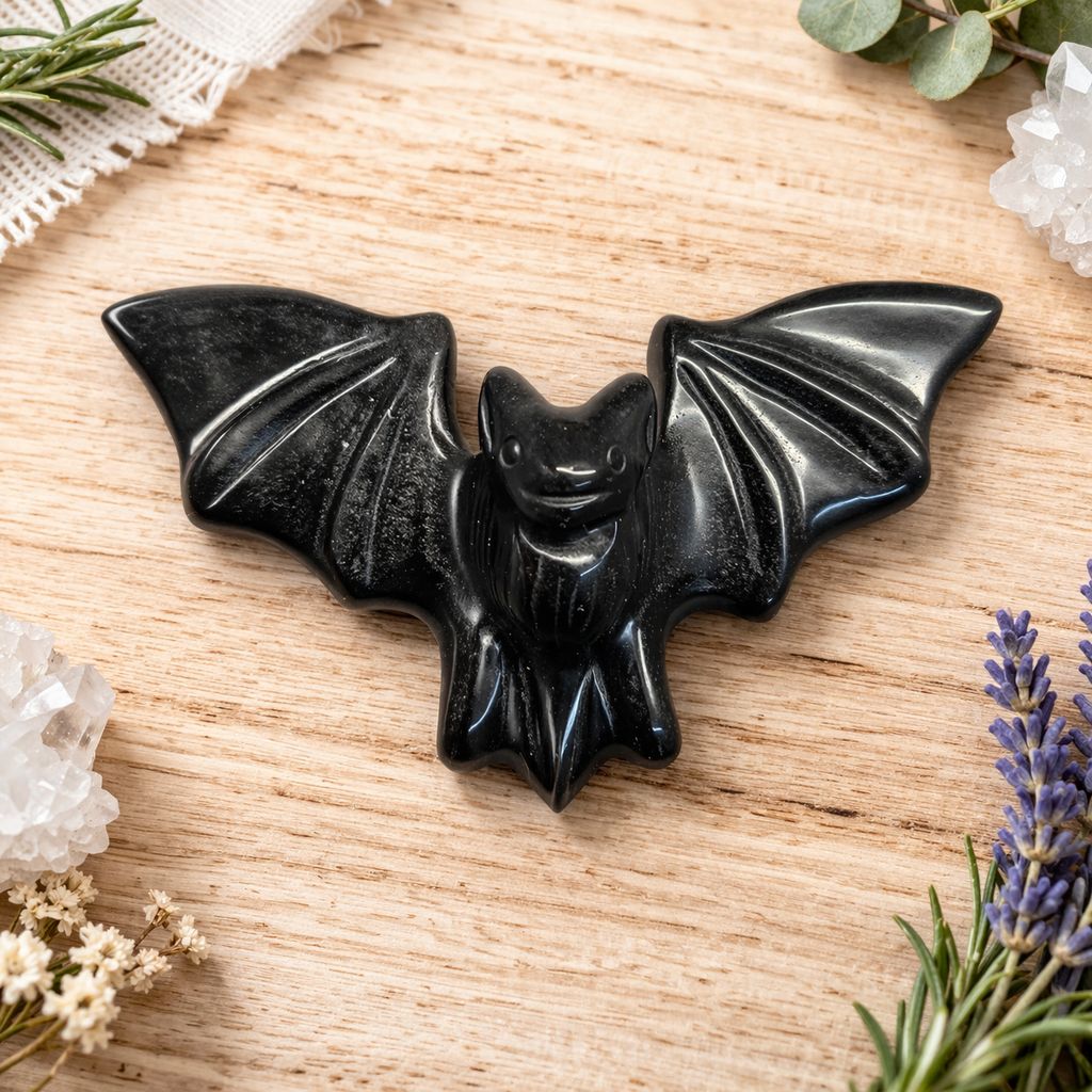 Black Obsidian bat carving with stand from Arkadys Metaphysical Gifts Amarillo TX