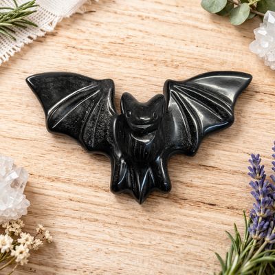 Black Obsidian bat carving with stand from Arkadys Metaphysical Gifts Amarillo TX