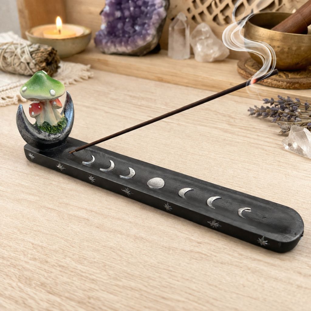 Mushroom moon incense burner with crescent moon and mushrooms on wooden altar holding incense – Arkadys Metaphysical Gifts
