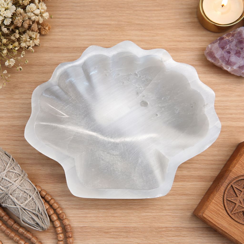 Large selenite shell bowl crystal charging dish on wooden altar Arkadys Metaphysical Gifts Amarillo TX