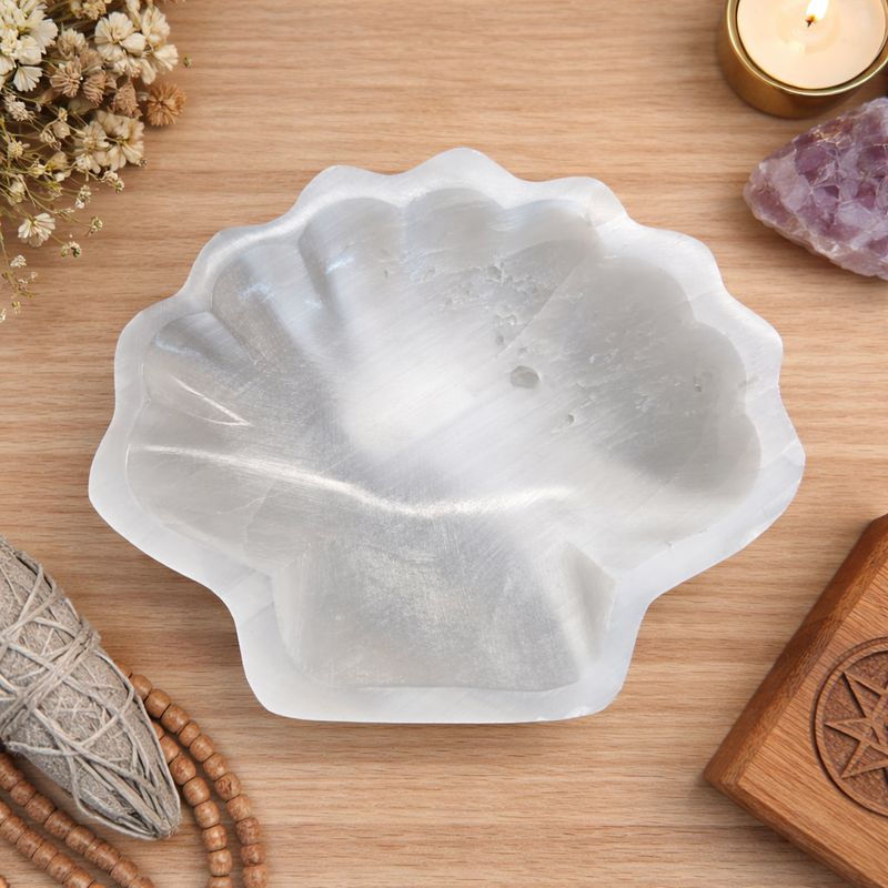 Large selenite shell bowl crystal charging dish on wooden altar Arkadys Metaphysical Gifts Amarillo TX