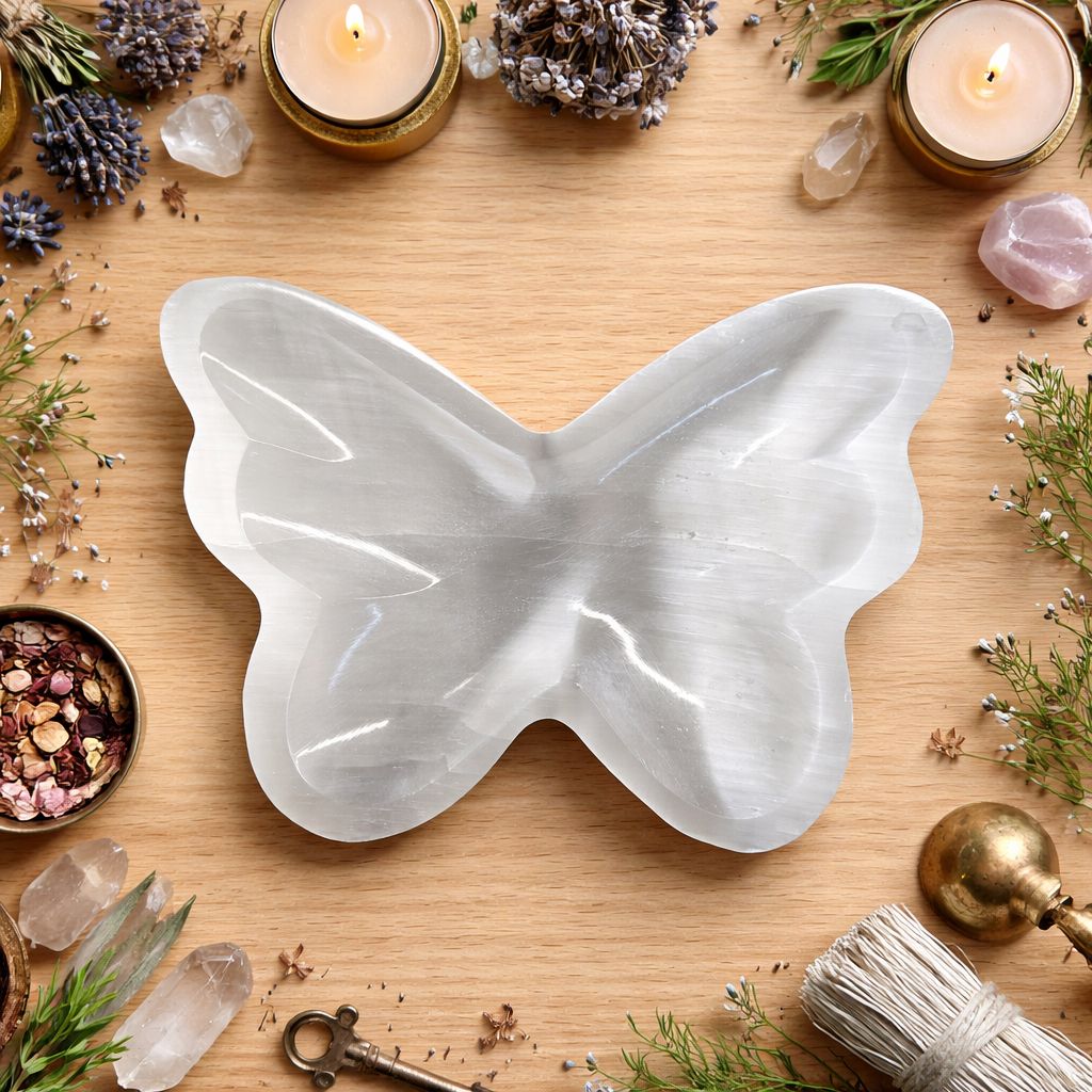 Selenite butterfly bowl crystal charging dish on wooden altar Arkadys Metaphysical Gifts Amarillo TX