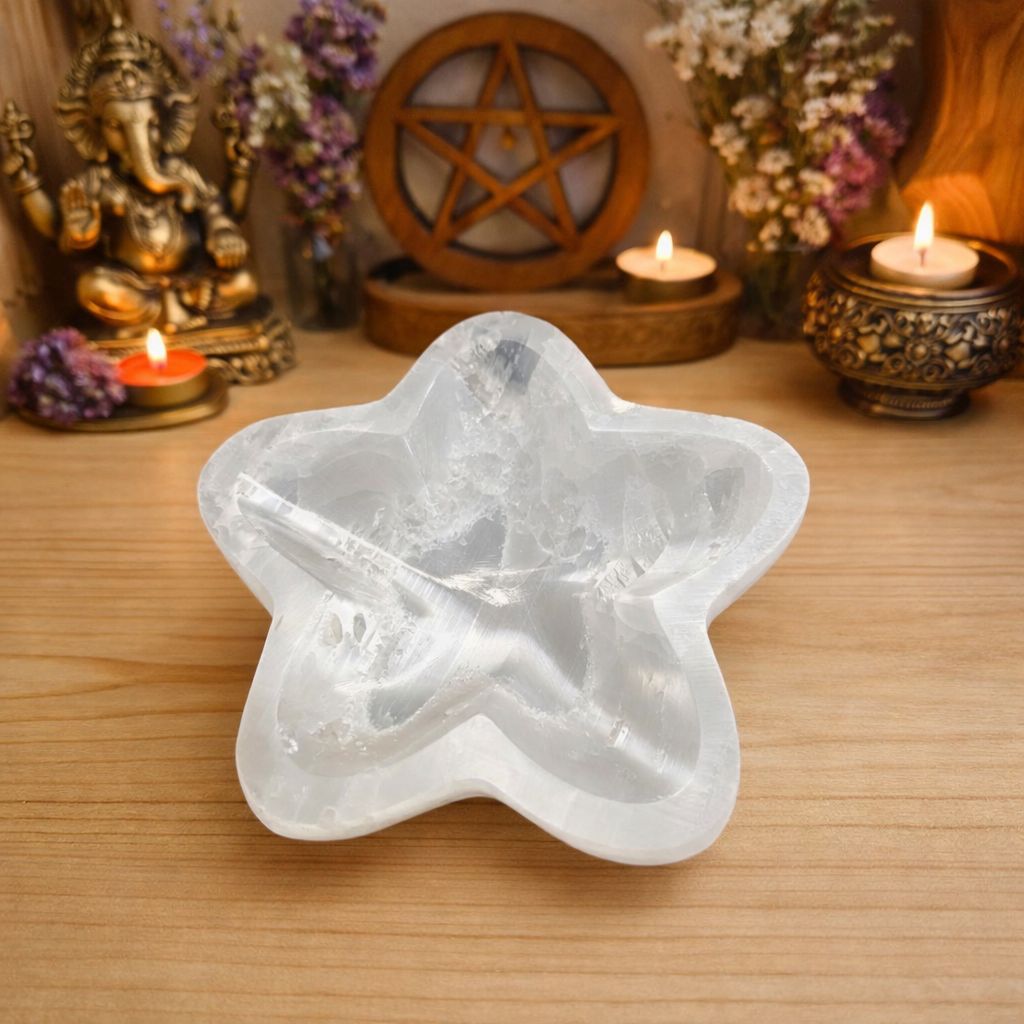 Large selenite star bowl crystal charging dish on wooden altar – Arkadys Metaphysical Gifts Amarillo TX