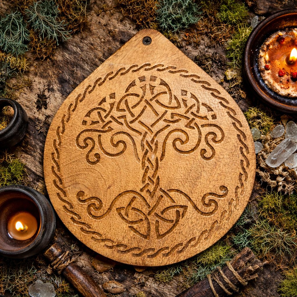 Tree of Life carved wooden rune set with sliding box and Elder Futhark runes displayed on Norse altar background