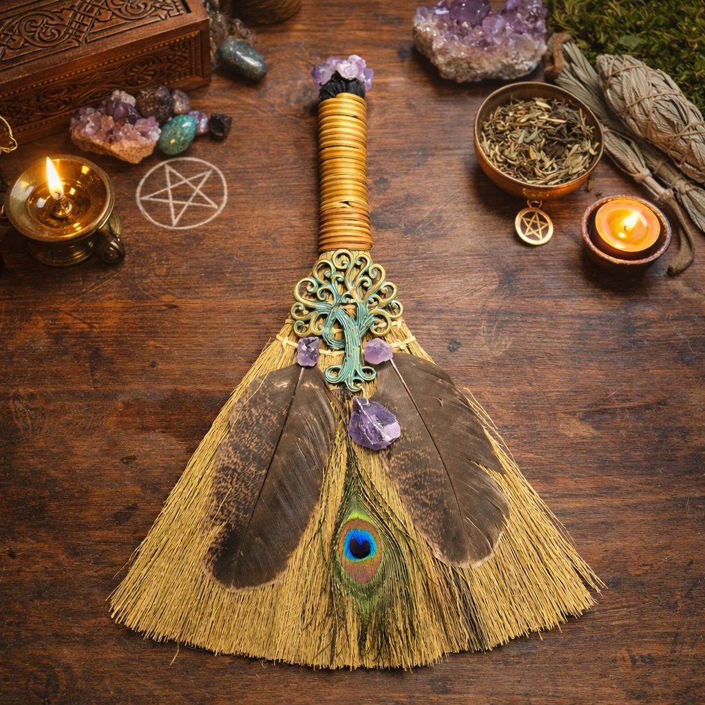 TREE OF LIFE ALTAR BROOM 12" 12 inch Tree of Life altar broom with amethyst crystals and feathers on wooden altar – Arkadys Metaphysical Gifts Amarillo TX
