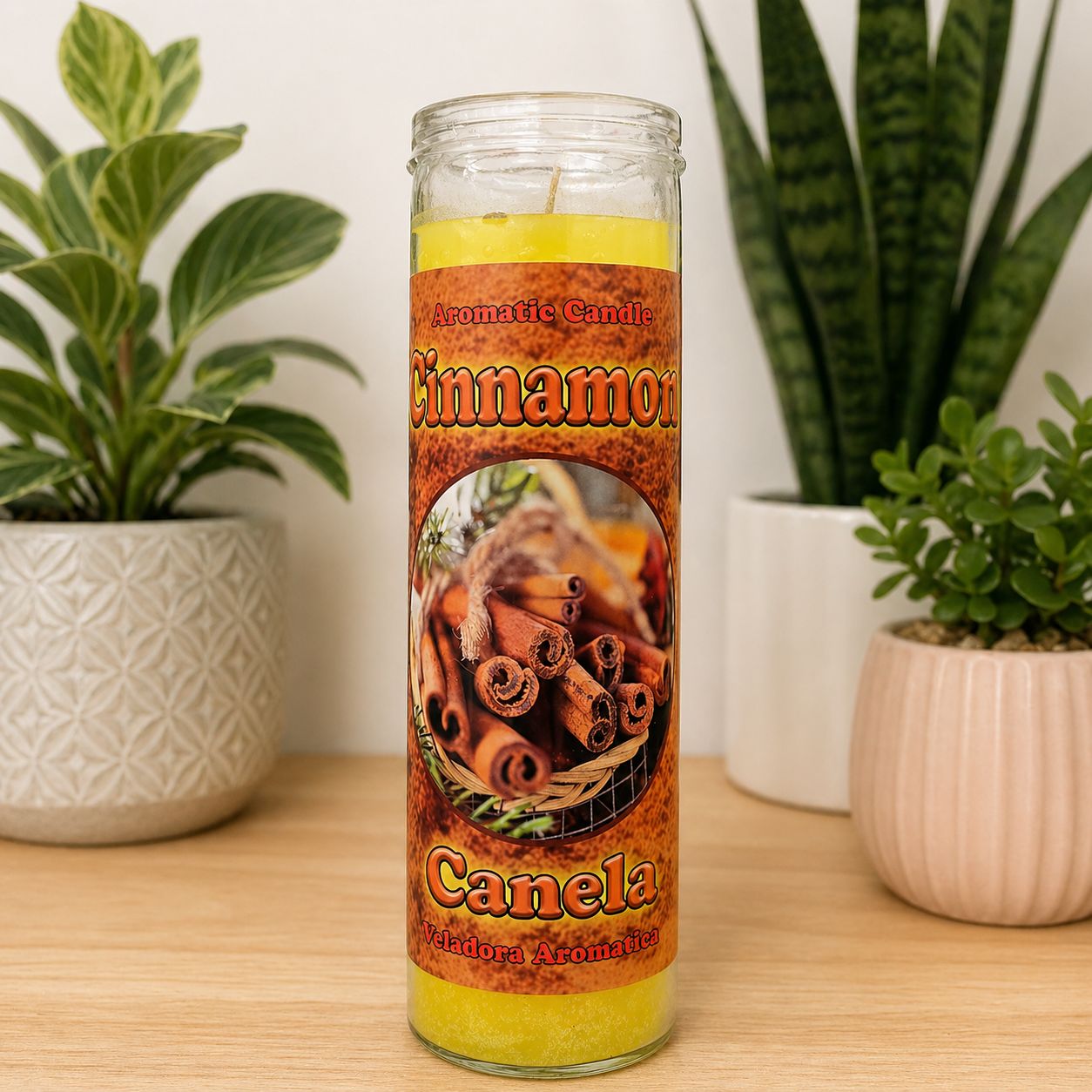 Cinnamon ritual candle with real cinnamon for prosperity and love at Arkadys Metaphysical Gifts Amarillo, Texas.