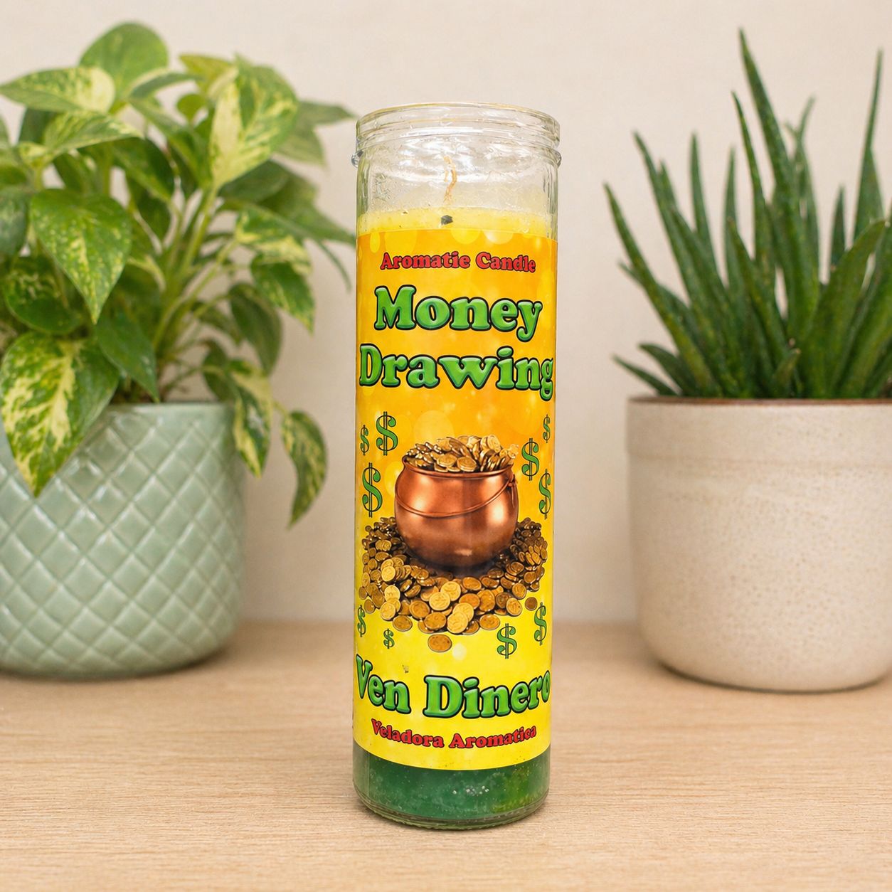 Money drawing ritual candle ven dinero glass jar Arkadys Metaphysical Gifts, Amarillo, Texas