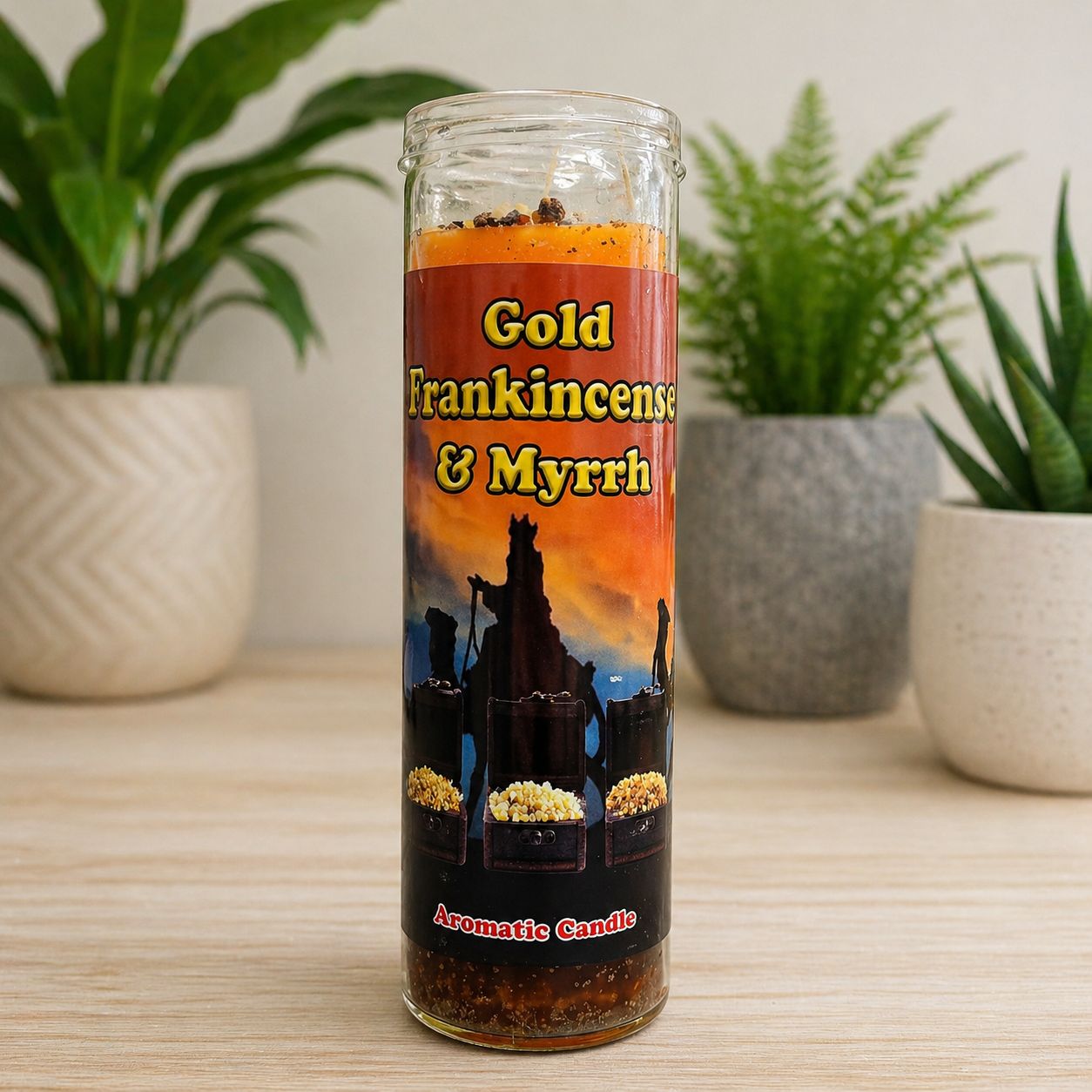 Gold Frankincense and Myrrh glass jar candle with real resin Arkadys Metaphysical Gifts Amarillo, Texas.